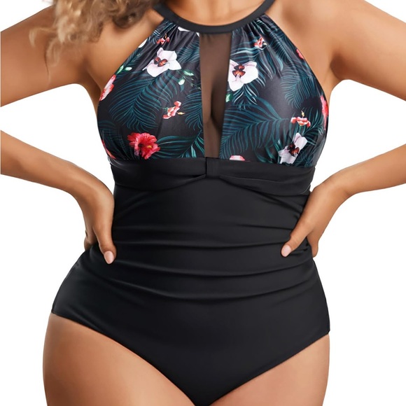 Aqua Eve High Neck Tummy Control One Piece Swimsuit Women’s US Size L Floral NWT - Picture 1 of 8